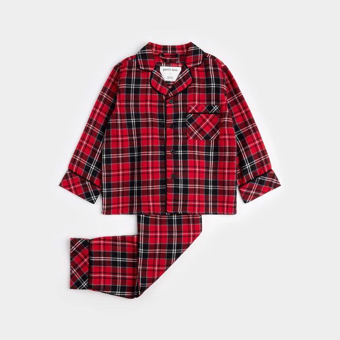 PETIT LEM: TARTAN PLAID FLANNEL PJ SET - SCARLET