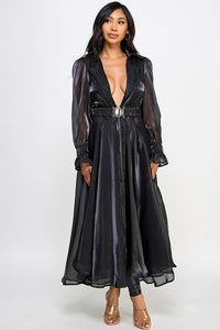 ORGANZA SHEER MESH COAT DRESS WITH BELT- BLACK