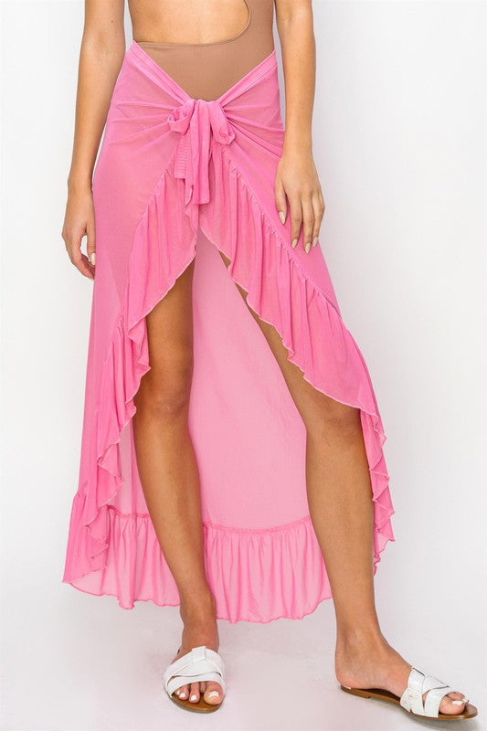 RUFFLED SEMI-SHEER COVER-UP SARONG SKIRT