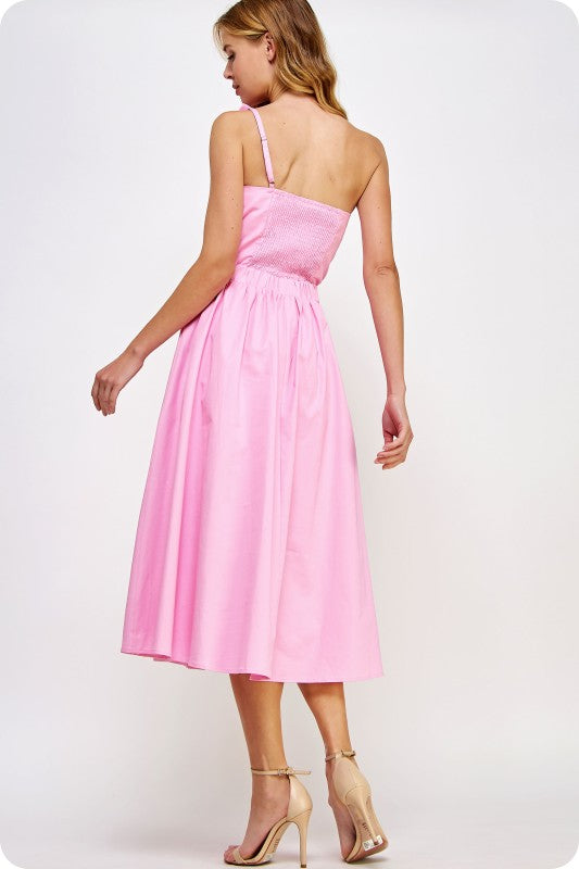 KNOTTED FLOWER BOW MIDI DRESS - PINK