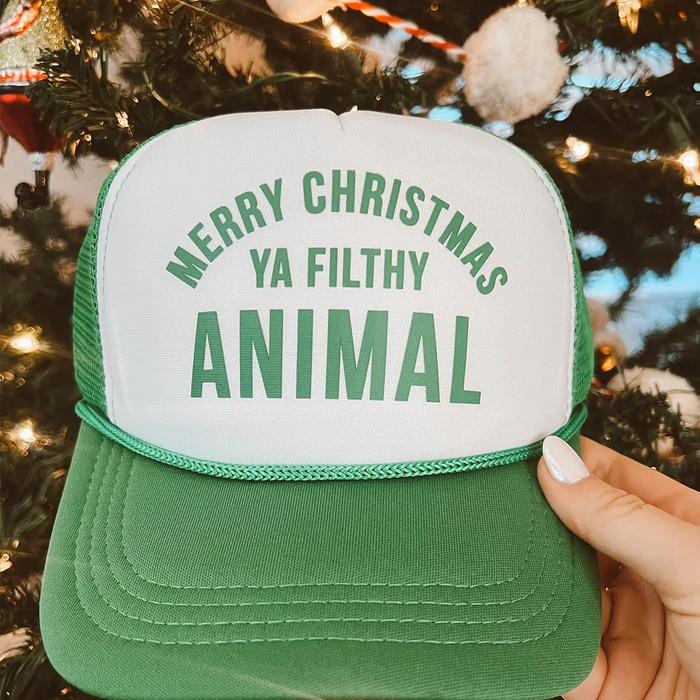 MERRY CHRISTMAS YA FILTHY ANIMAL TRUCKER HAT - GREEN