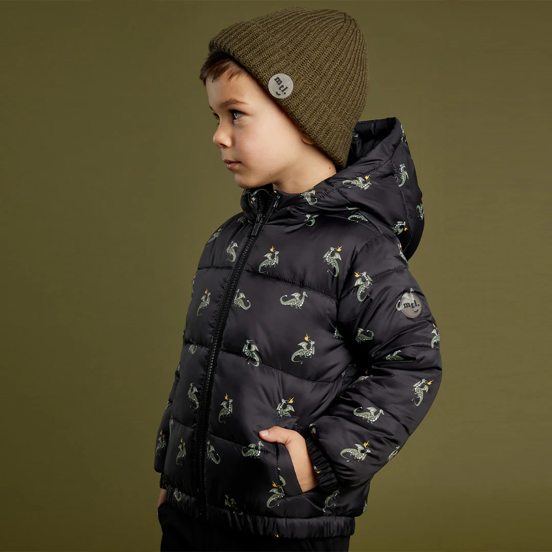 MILES THE LABEL: DRAGON PRINT ON BLACK HOODED PACKABLE JACKET WITH MATCHING BAG