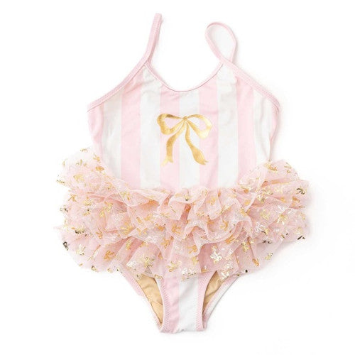 SHADE CRITTERS: BOW STRIPE SKIRTED ONE PIECE SWIMSUIT - BLUSH