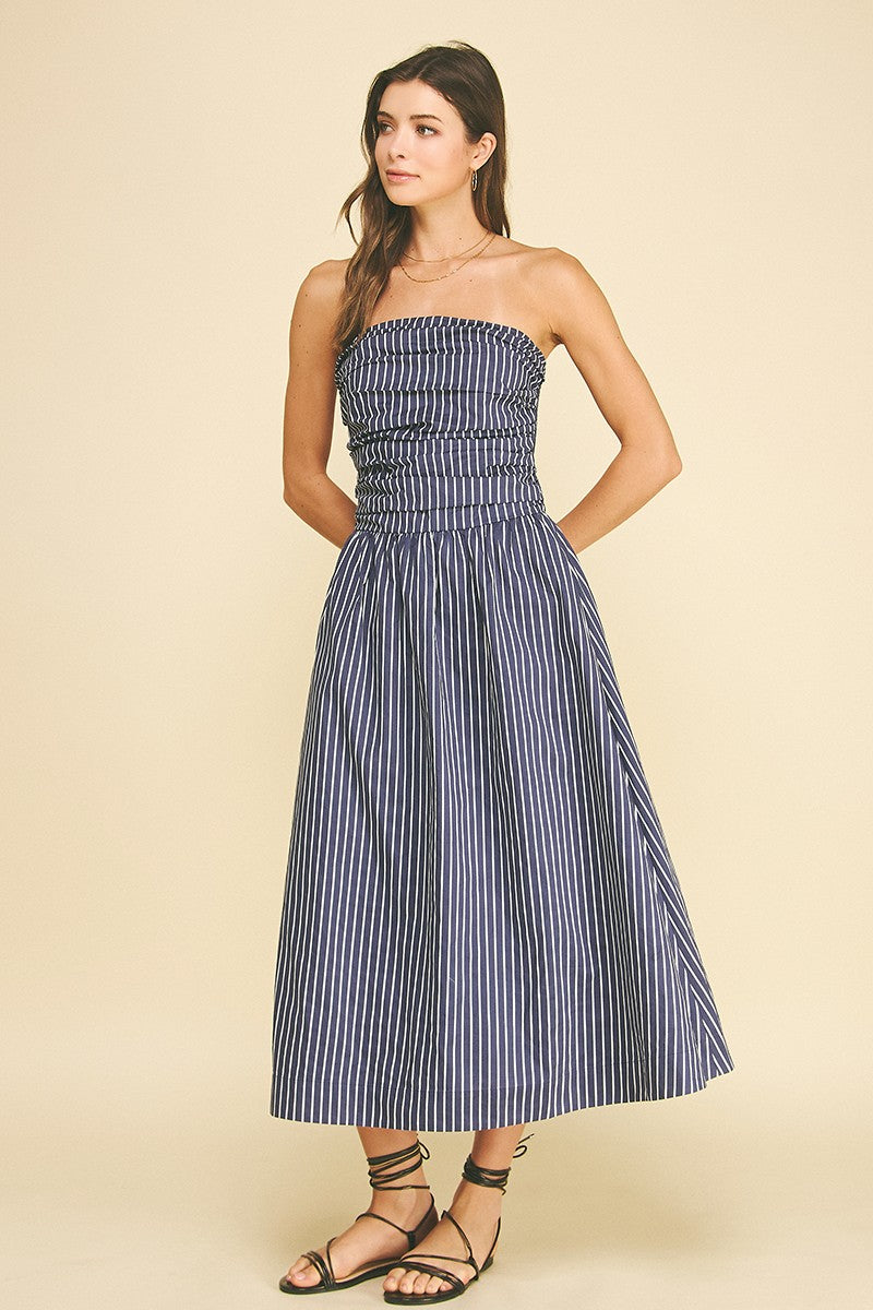 PINCH: STRIPED SMOCKED TUBE MIDI DRESS - NAVY