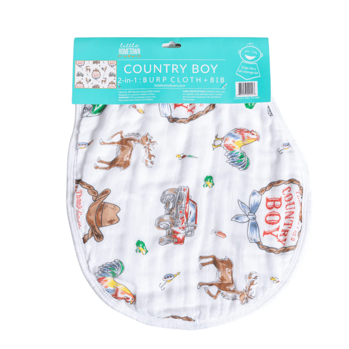 LITTLE HOMETOWN: COUNTRY BOY 2 IN 1 BURP CLOTH AND BIB COMBO