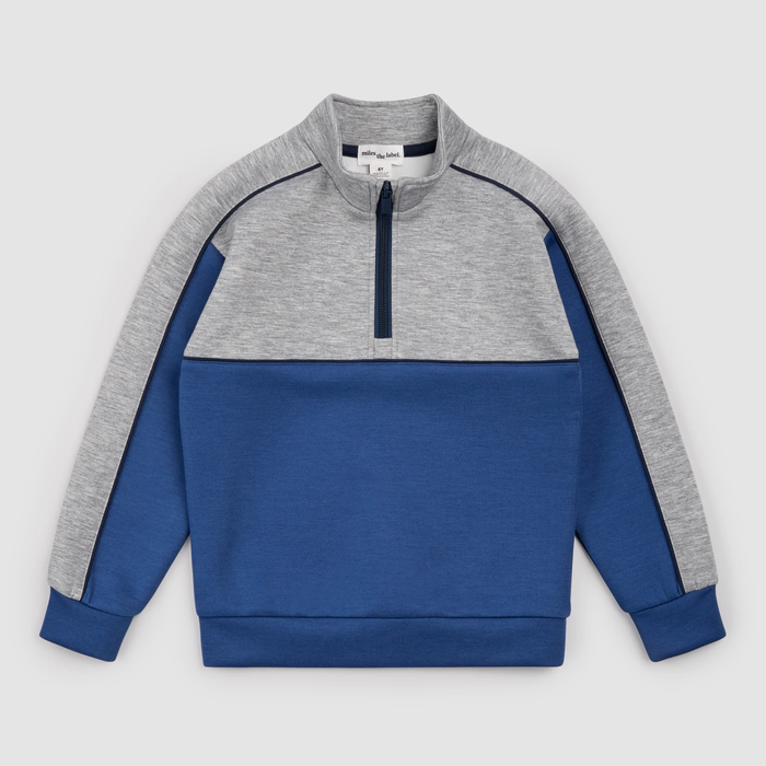 MILES THE LABEL: GREY MIX AND BLUE SCUBA KNIT HALF-ZIP PULLOVER