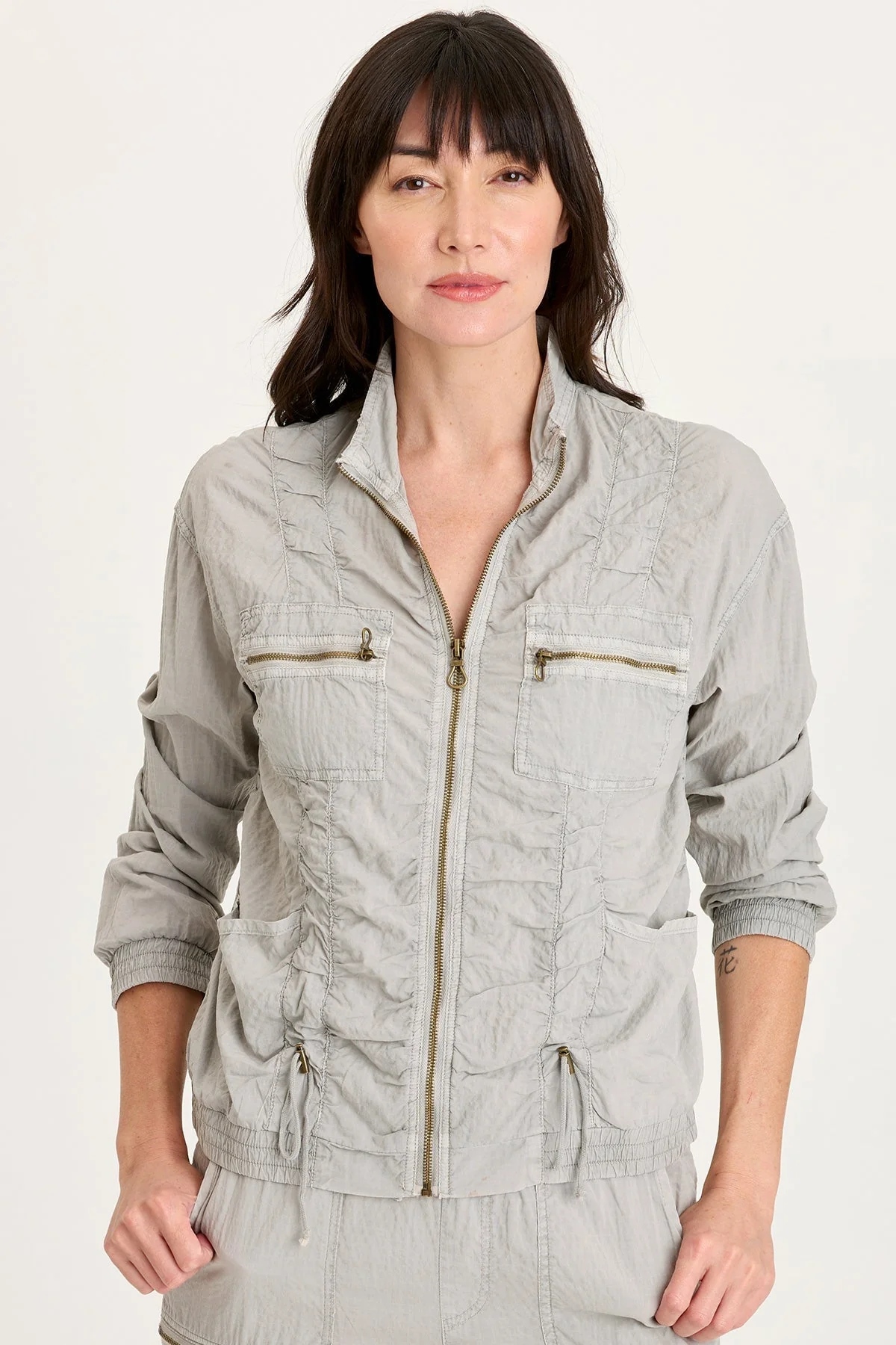 XCVI: AMIS TEXTURED CINCHABLE BOMBER - EARL GREY PIGMENT