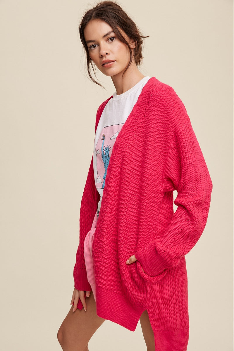 CABLE KNIT OPEN FRONT LONG CARDIGAN - HOT PINK