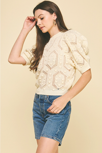 PINCH: PUFFED SLEEVE EMBROIDERED SWEATER - IVORY