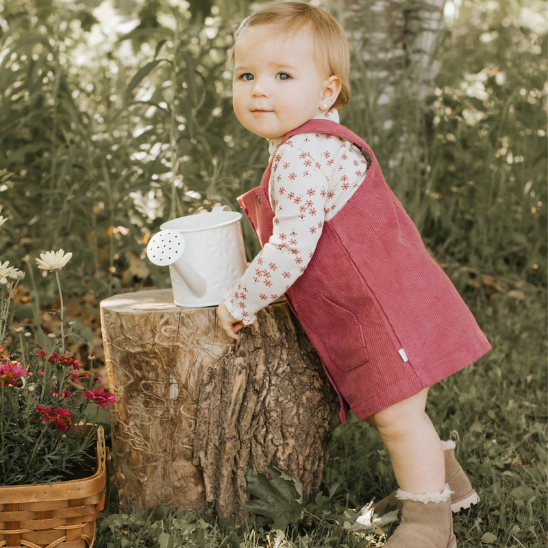 PETIT LEM: RASPBERRY CORDUROY OVERALL 2PC DRESS SET