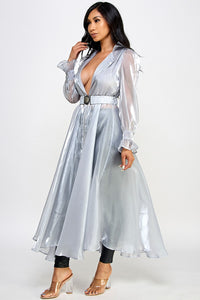 ORGANZA SHEER MESH COAT DRESS WITH BELT- SILVER