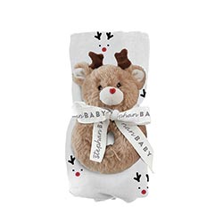 STEPHAN BABY: SWADDLE BLANKET + PLUSH REINDEER RATTLE - 45" X 45"