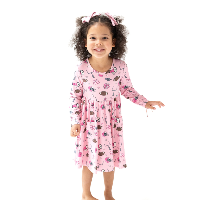 ANGEL DEAR: TWIRLY LONG SLEEVE DRESS - GAME DAY PINK