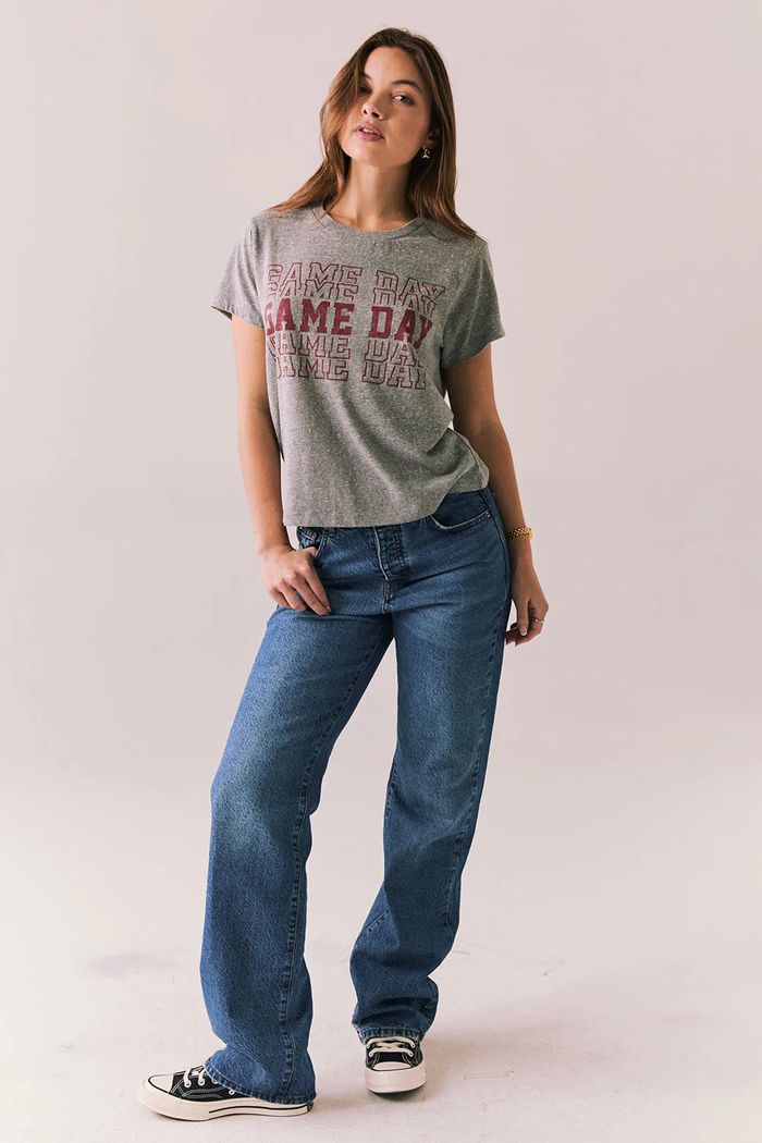 CHASER: GAME DAY TEE – GRAY VINTAGE-STYLE TEE WITH MAROON GRAPHIC