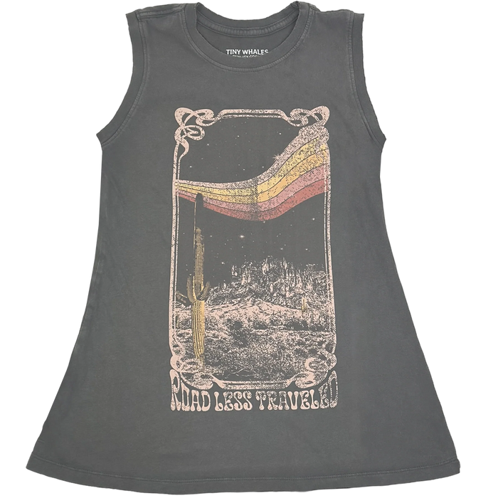 TINY WHALES: ROAD LESS TRAVELED COTTON JERSEY MUSCLE TEE DRESS - MINERAL BLACK