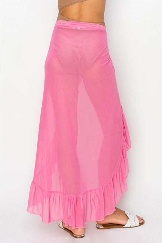 RUFFLED SEMI-SHEER COVER-UP SARONG SKIRT
