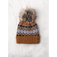 PANACHE APPAREL: CAMEL, BLACK, WHITE & BLUE PATTERNED POM HAT