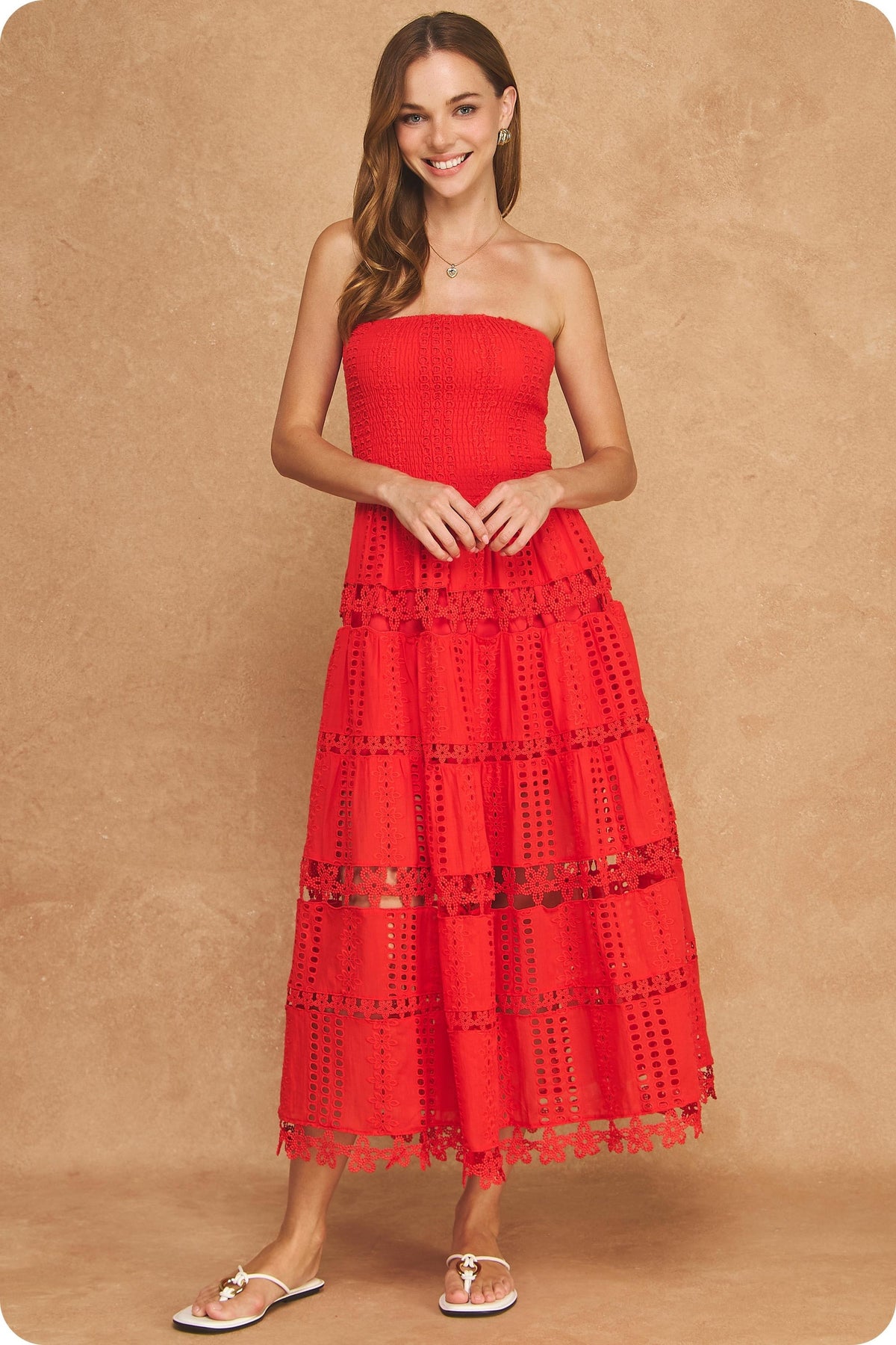 EYELET LACE TUBE DRESS - RED