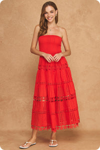 EYELET LACE TUBE DRESS - RED