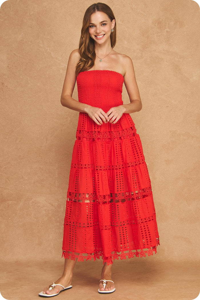 EYELET LACE TUBE DRESS - RED
