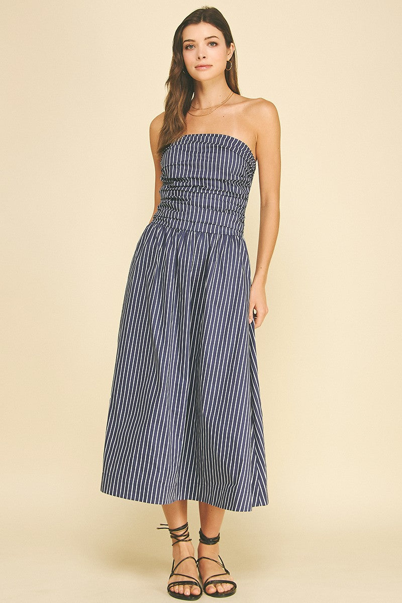 PINCH: STRIPED SMOCKED TUBE MIDI DRESS - NAVY