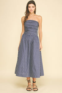 PINCH: STRIPED SMOCKED TUBE MIDI DRESS - NAVY