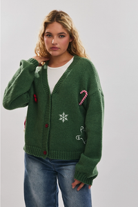 LE LIS: CHRISTMAS KNIT CARDIGAN SWEATER - GREEN