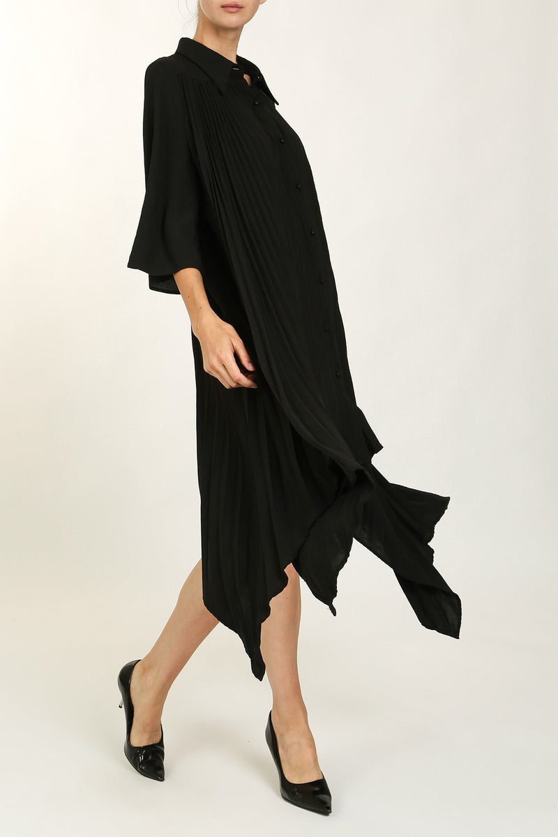 ASYMMETRICAL DRAPED HEM PLEAT MIDI SHIRT DRESS- BLACK