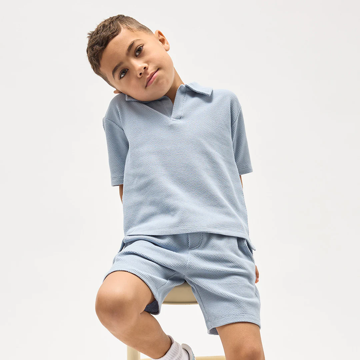 MILES THE LABEL: KNIT POLO TOP & SHORT SET - POWDERED BLUE