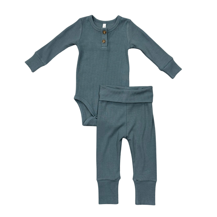 BABYSPROUTS: RIBBED HENLEY BODYSUIT SET - SLATE MIST