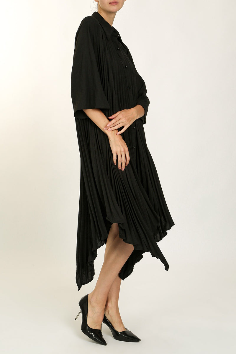 ASYMMETRICAL DRAPED HEM PLEAT MIDI SHIRT DRESS- BLACK