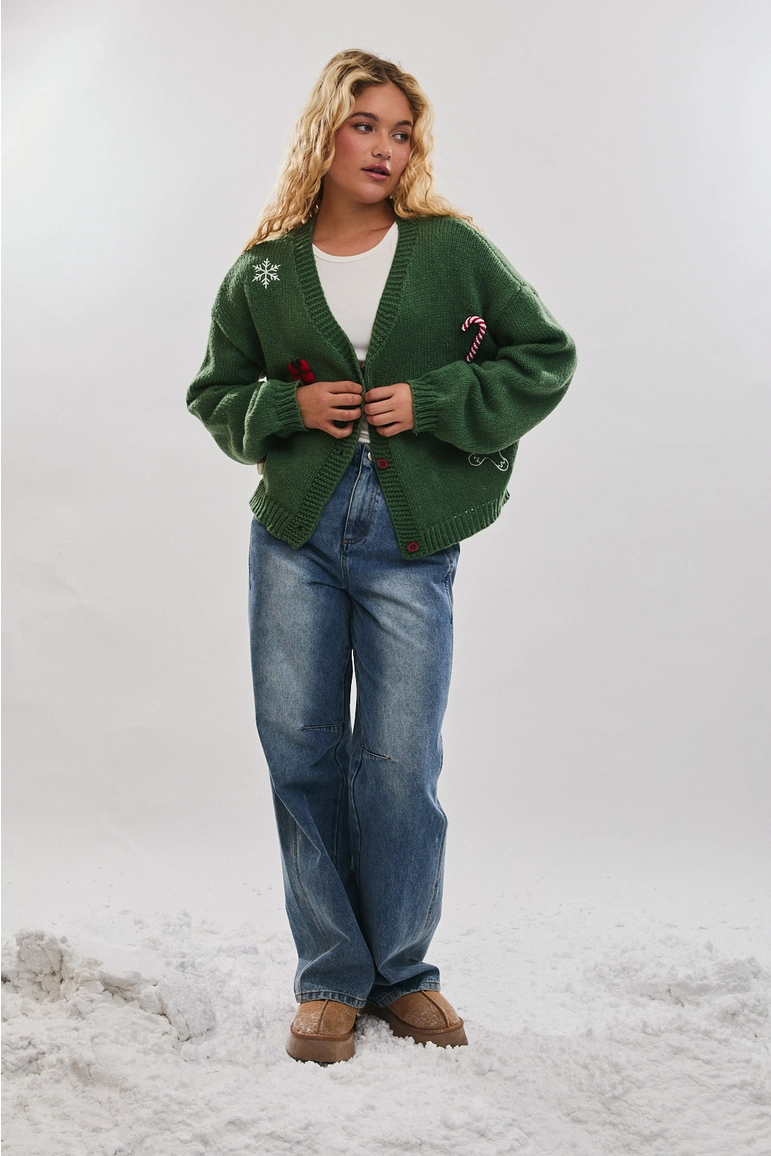 LE LIS: CHRISTMAS KNIT CARDIGAN SWEATER - GREEN