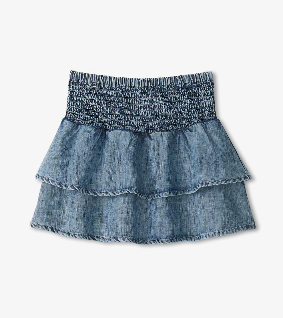 HATLEY: TENCEL SMOCKED SKIRT - BLUE ACID RINSE