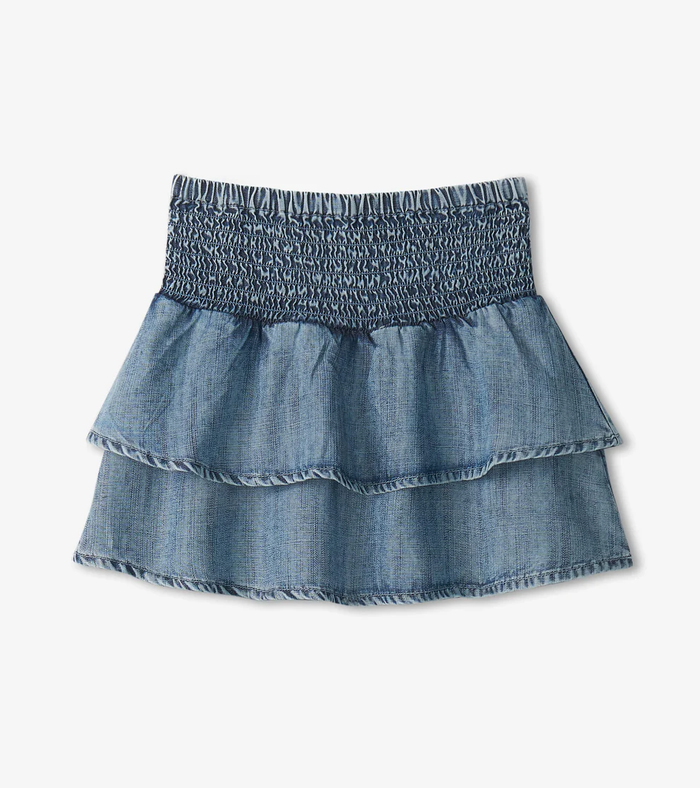 HATLEY: TENCEL SMOCKED SKIRT - BLUE ACID RINSE