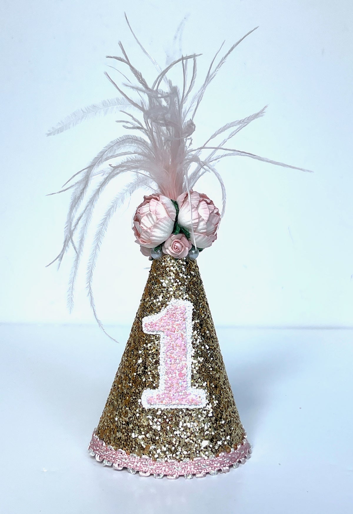 BELLA REESE: GOLD/PINK FEATHER PARTY HAT - 1 YEAR