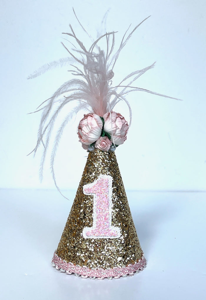 BELLA REESE: GOLD/PINK FEATHER PARTY HAT - 1 YEAR