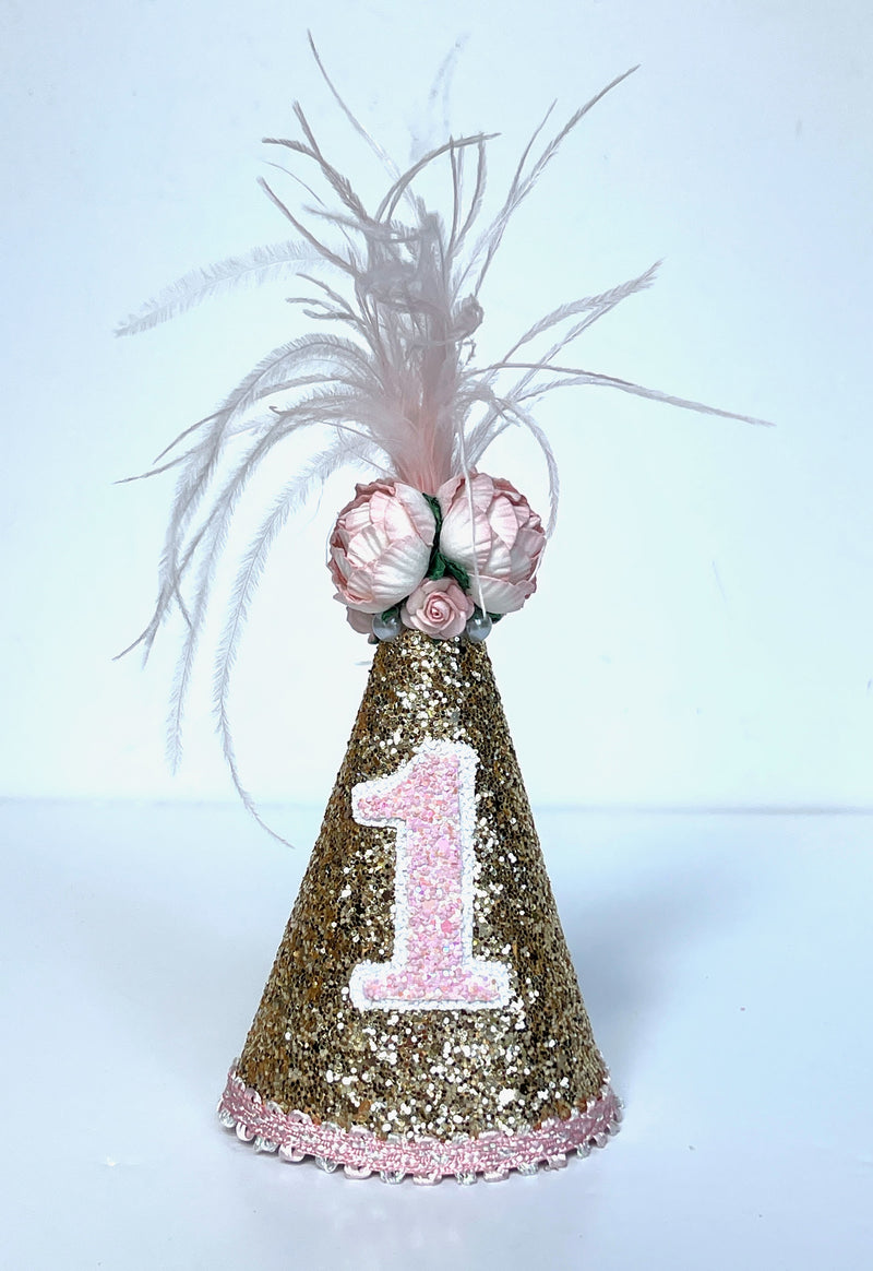 BELLA REESE: GOLD/PINK FEATHER PARTY HAT - 1 YEAR