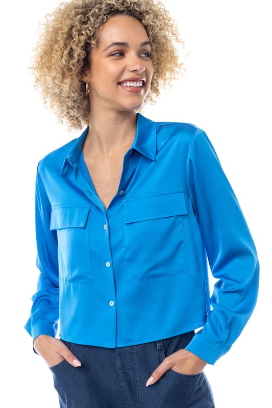 CROPPED BLOUSE WITH FLAP POCKETS - IBIZA BLUE