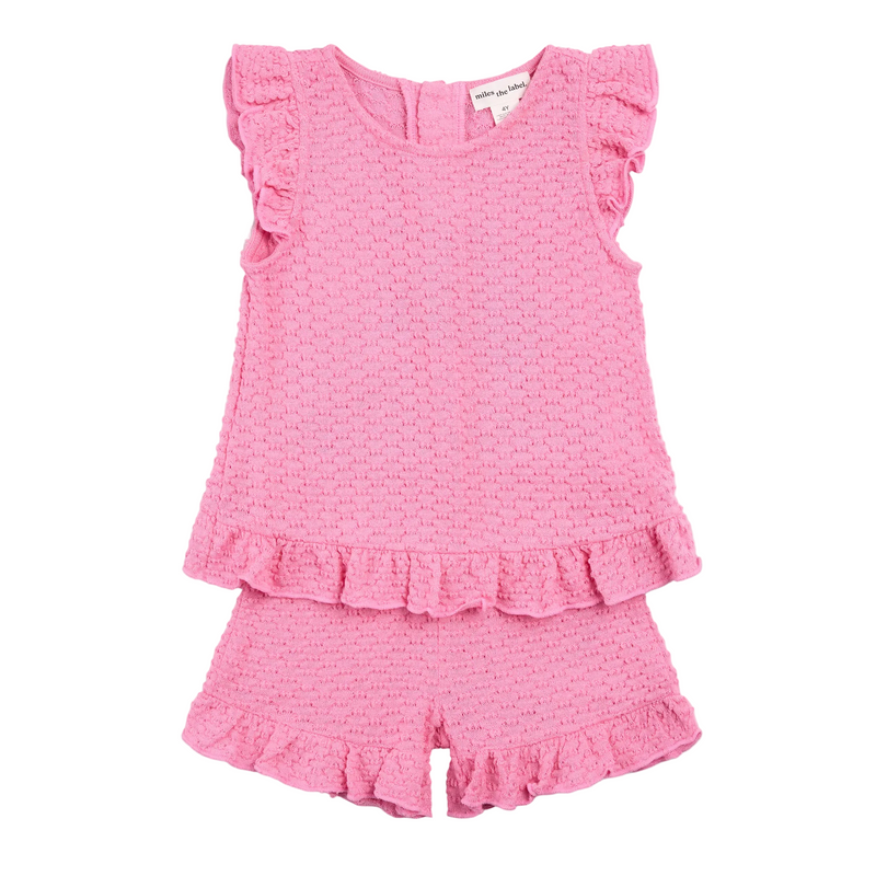 MILES THE LABEL: MAGENTA RUFFLED SLEEVELESS TOP AND BOTTOM SET - PINK