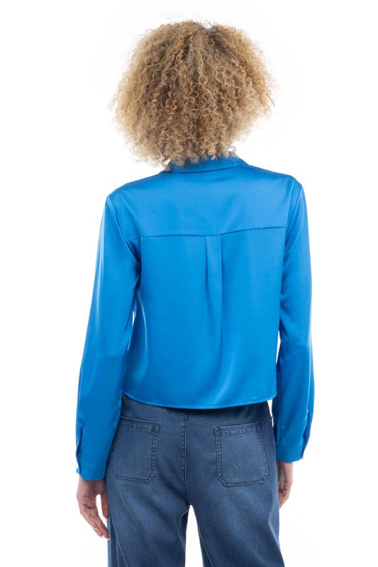 CROPPED BLOUSE WITH FLAP POCKETS - IBIZA BLUE