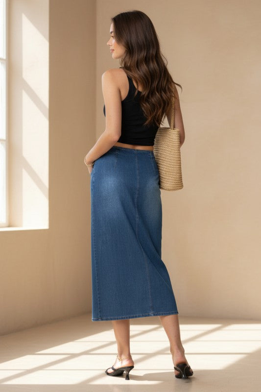 MIDI DENIM SKIRT WITH FRONT ZIPPER