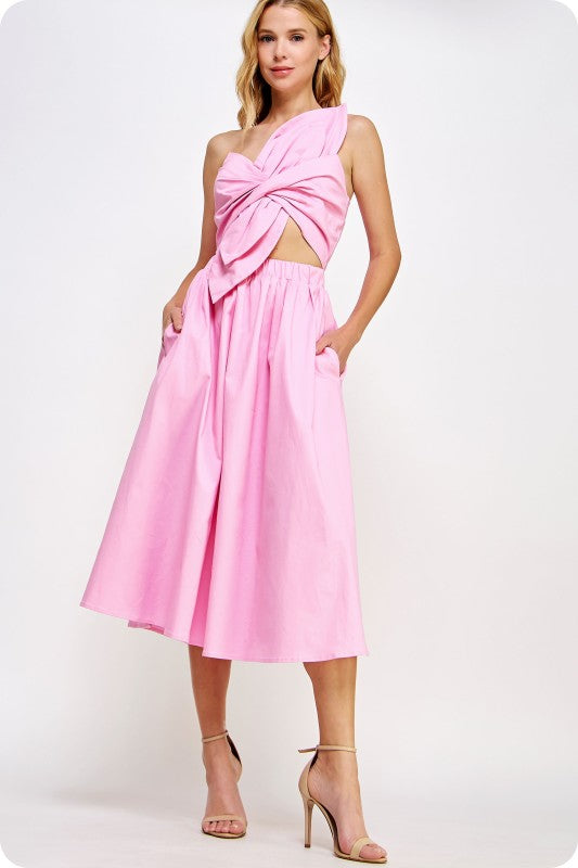 KNOTTED FLOWER BOW MIDI DRESS - PINK