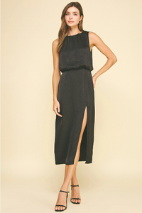 PINCH: SILKY SIDE SLIT MIDI DRESS - BLACK