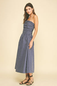 PINCH: STRIPED SMOCKED TUBE MIDI DRESS - NAVY