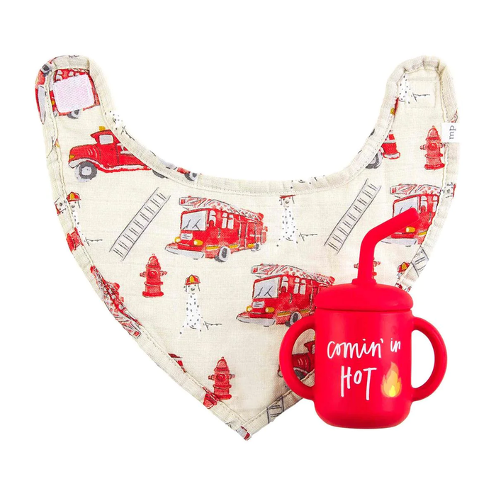 MUD PIE: FIRE TRUCK SILICONE CUP & MUSLIN BIB SET