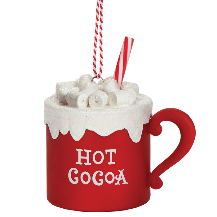 HOT COCOA RED MUG WITH PEPPERMINT STICK ORNAMENT