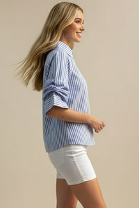 PINCH: RUCHED SLEEVE STRIPED BUTTON DOWN TOP - LIGHT BLUE