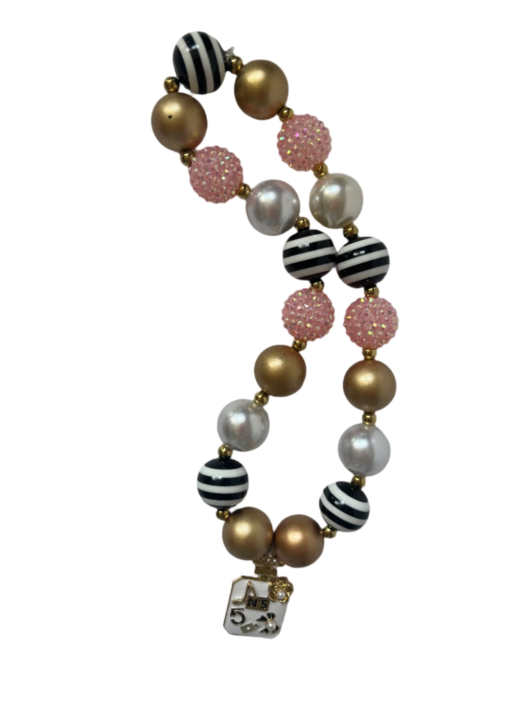 BUBBLEGUM BEAD NECKLACE WITH PEARLS AND NO. 5 CHARM