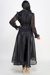 ORGANZA SHEER MESH COAT DRESS WITH BELT- BLACK