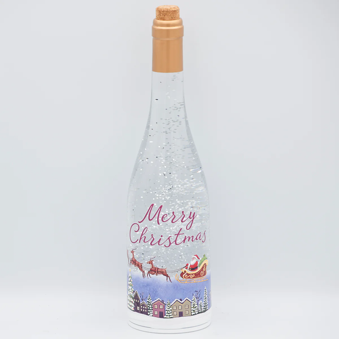 CONFETTI LITES LIGHTED SWIRL WINE BOTTLE WITH SANTA FLYING OVER TOWN